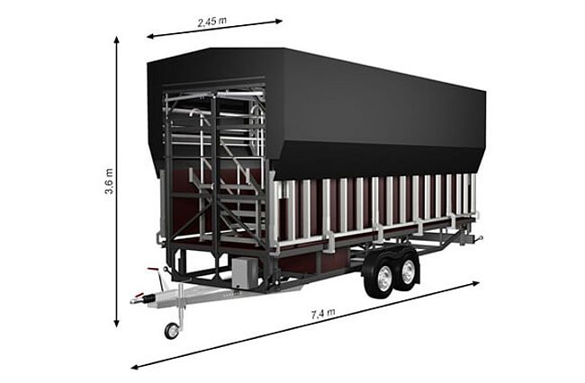 Bühne mieten 6x4 Meter mobile Anhängerbühne mit schwarzem Überdach vom Hansekontor Wismar