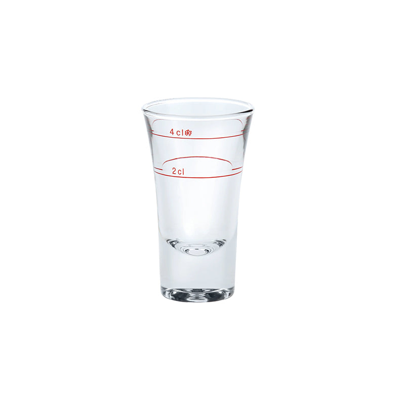 Messglas aus klarem Glas mit roten Markierungen für 2 und 4 cl Event Zubehör Verleih Wismar