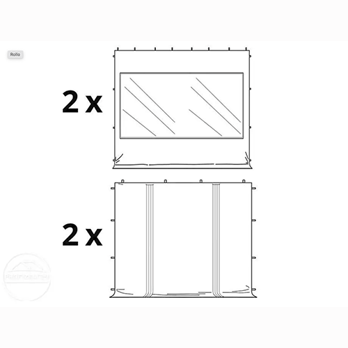 Technische Zeichnung mit 2x Seitenwänden mit Fenster und 2x geschlossenen Seitenwänden für 4x4 Meter Faltpavillon mieten