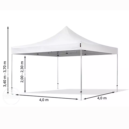 Weißer 4x4 Meter Faltpavillon mieten mit hoher Spitze und stabilem Metallgestell