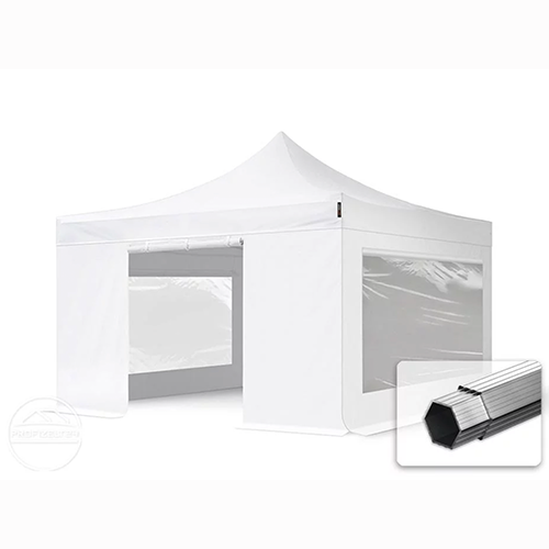Weißer 4x4 Meter Faltpavillon mieten mit Fensterseiten und stabilem Metallrahmen