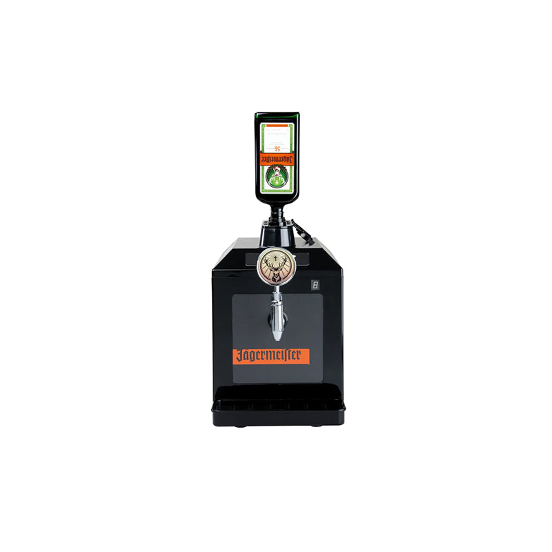 Schwarze Jägermeister Glühweinzapfanlage mit Jägermeister Flasche und Zapfhahn Jägermeister Tap Machine mieten