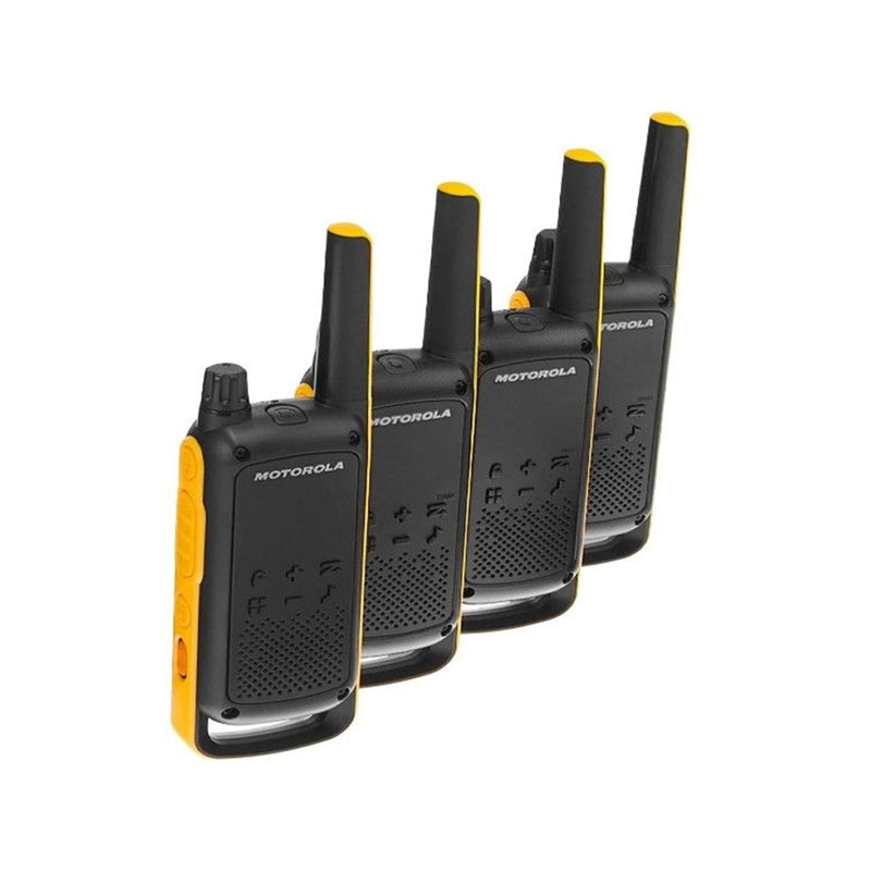 Vier Motorola Walkie Talkies schwarz und gelb für Walkie Talkie Verleih Veranstaltungstechnik