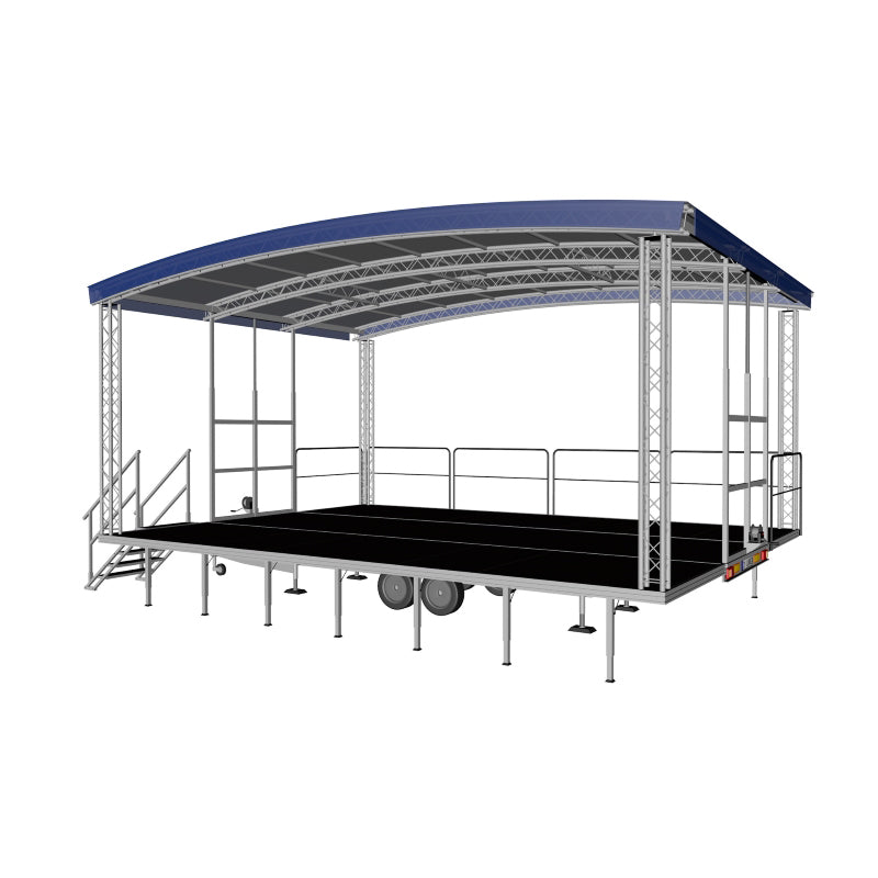 Bühne 8x6 Meter leihen, mobile Veranstaltungsbühne mit blauem Bogen, Geländer und Treppe für Konzerte