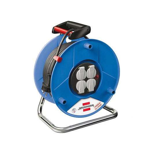 Blaue Stromverteilung Kabeltrommel mit vier Steckdosen und Metallgestell Kabeltrommel 25m / 50m mieten