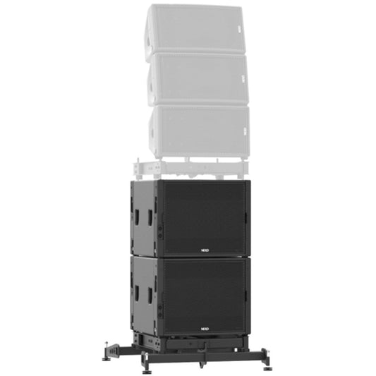 NEXO MSUB15 mieten Subwoofer Stapel mit schwarzer Front und stabiler Leinwand im Tontechnik-Verleih