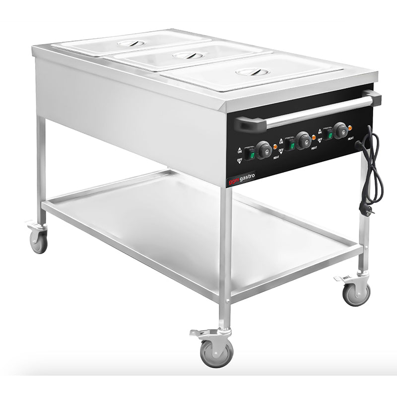 Moderner Bain-Marie Thermowagen mit drei Warmhaltebehältern und Rollen zum Bain-Marie Thermowagen mieten