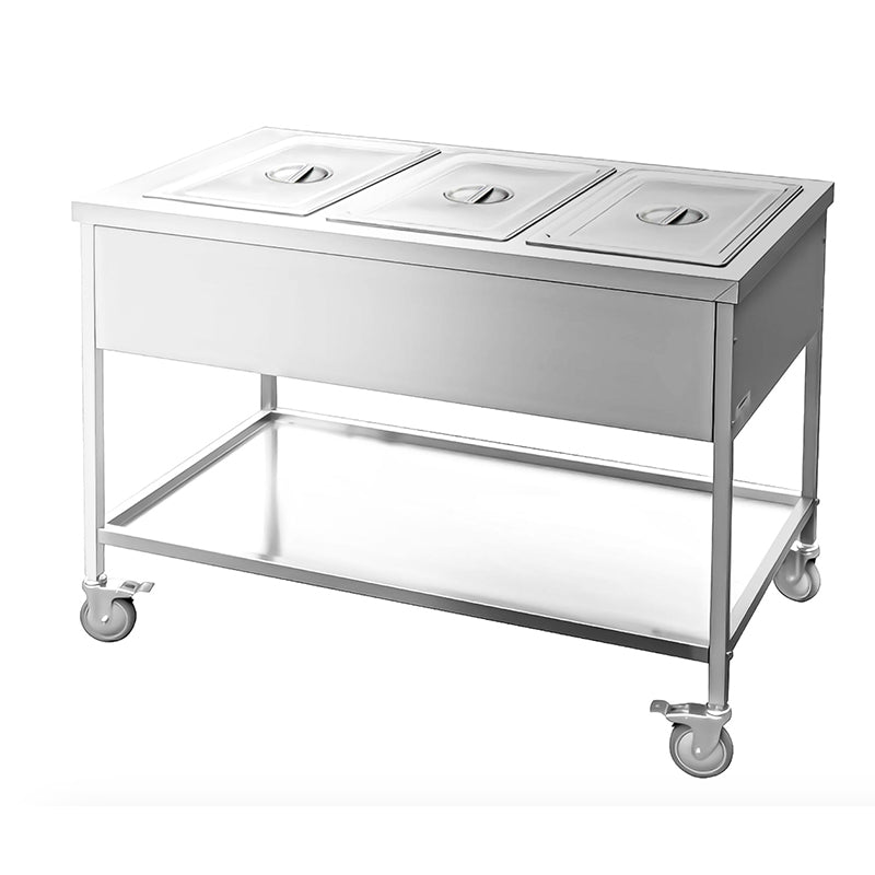 Bain-Marie Thermowagen mieten aus Edelstahl mit drei Behältern und Rollen für einfachen Transport