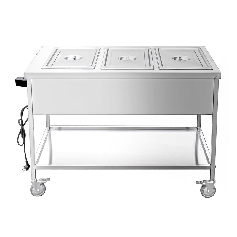 Bain-Marie Thermowagen aus Edelstahl mit drei beheizten Fächern und Rollen zum Bain-Marie Thermowagen mieten