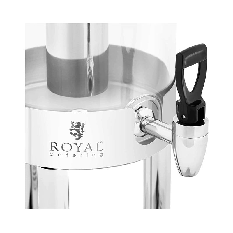 Getränkespender für Veranstaltungen aus Edelstahl mit Auslaufhahn und Royal Catering Logo ideal für Buffets